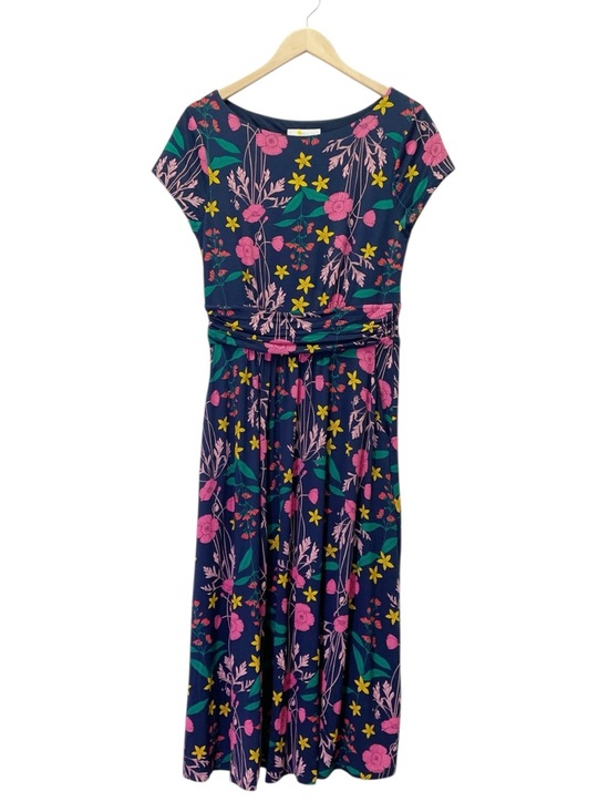 Boden Amelie Jersey Dress Floral Navy Pink Ruched Waist Midi UK12 US Size 8 - Picture 2 of 12